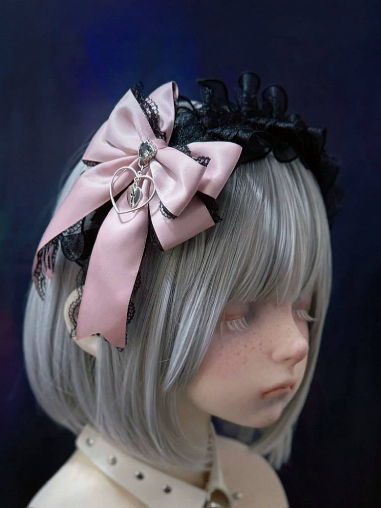 Black and Pink Ruffled Lace KC Bow - Strange Sugar