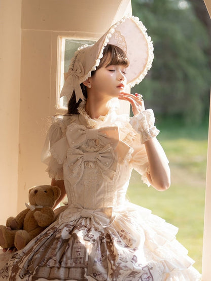 Lace Trim Beige Bonnet with Bows for Sweet Lolita - NnSTAR