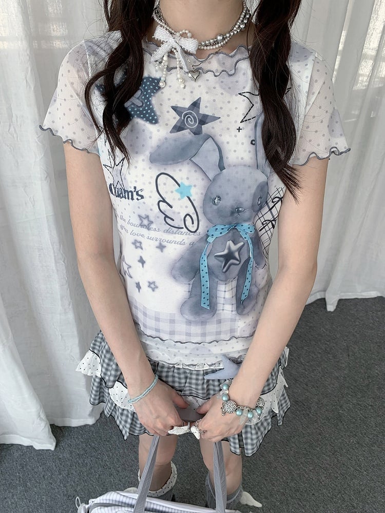 White Short Sleeve Ruffle Sheer T-Shirt with Polka Dot Rabbit - Solkatt