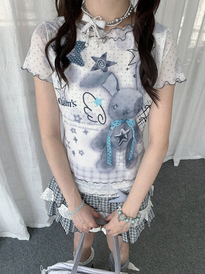 White Short Sleeve Ruffle Sheer T-Shirt with Polka Dot Rabbit - Solkatt
