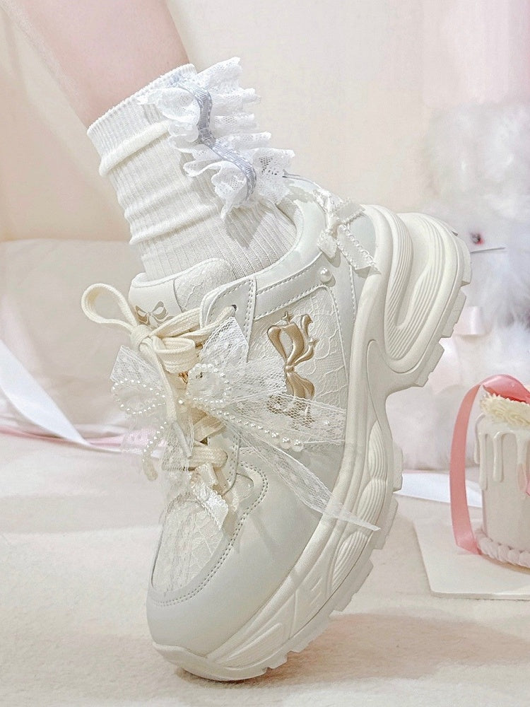 Bowknot Details Lace-up Front Ties White Beaded Decorated Sneakers