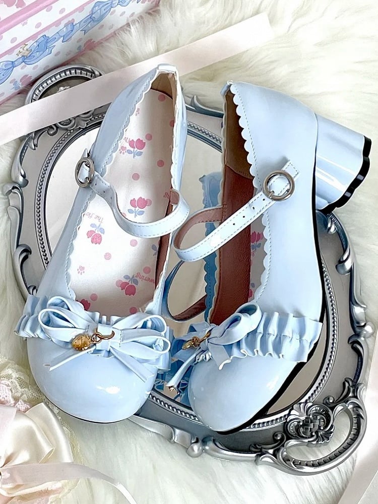 Accent Blue Bow Round Lolita Mid Toe Heels Berry Sweet PU with -