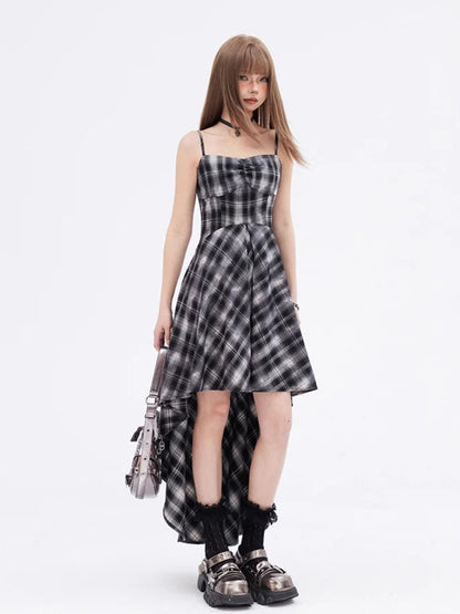 High-low Neckline Skirt Dress Black  White Plaid Sweetheart Slip