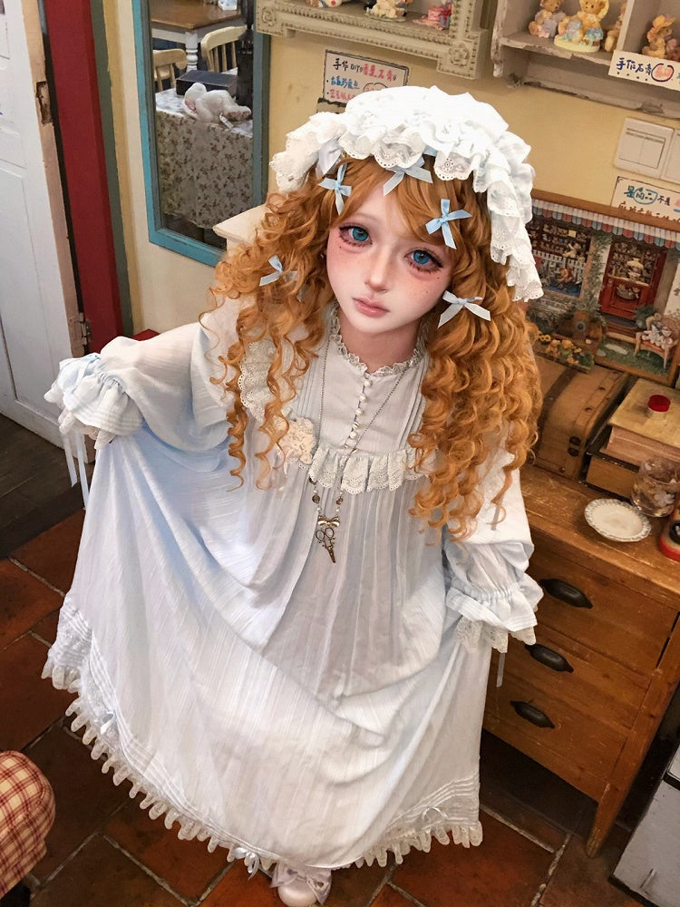 Lace Trim Long Sleeve OP Dress with Ruffles, Blue Lolita Style - Hua Xia Miao