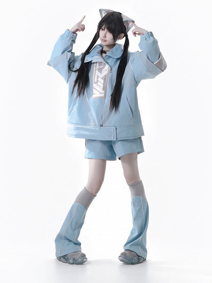 Kaiwai Matching Hooded Ear Warmers Cat Techwear - Full Clips Jacket + Two-Piece Leg Tenshi Cyberpunk Set Hair Blue Shorts