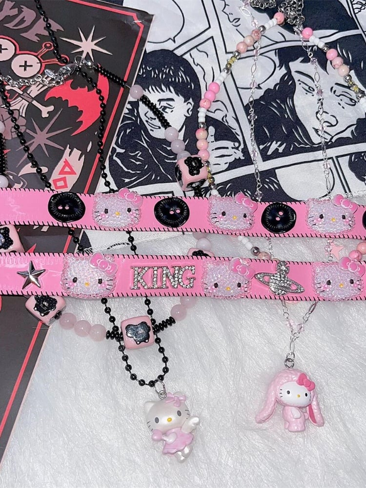 キティペンダント マルチレイヤー ピンクビーズネックレス