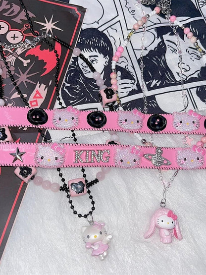 キティペンダント マルチレイヤー ピンクビーズネックレス