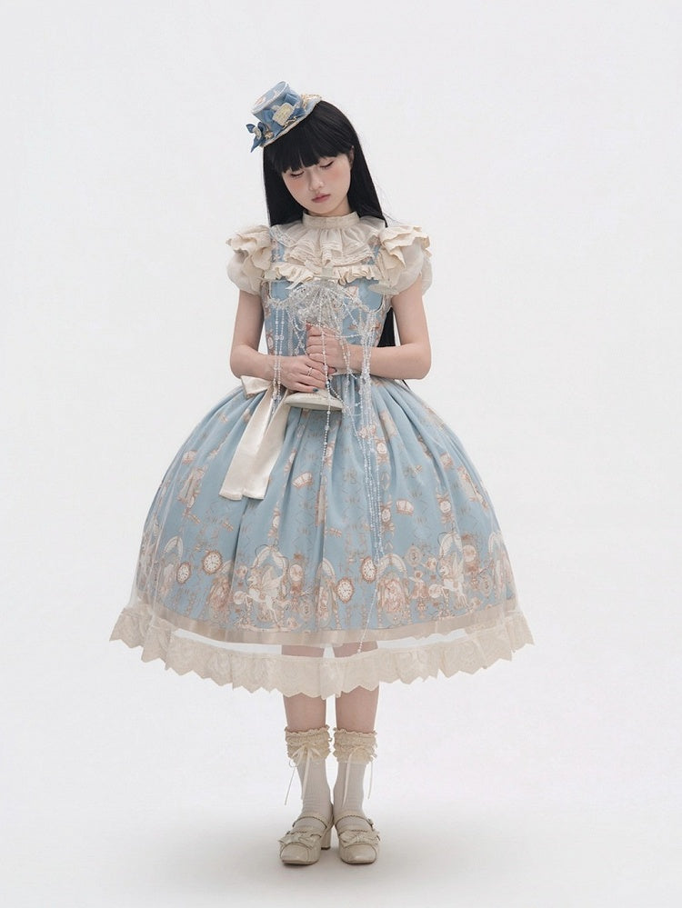Elegant Lolita JSK Dress with Angel Unicorn Floral Print and Flutter Sleeves - Qian Mu