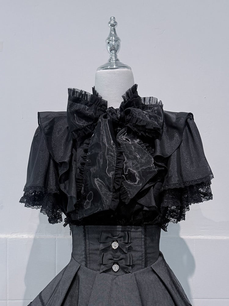 Black Jirai-Kei Lace Butterfly Sleeve Blouse with Hand-tied Bow - shirohato