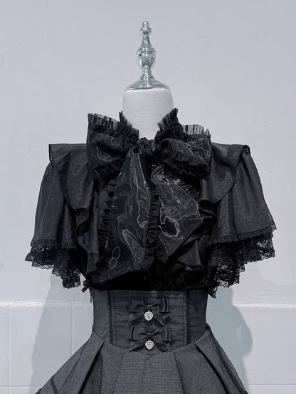 Black Jirai-Kei Lace Butterfly Sleeve Blouse with Hand-tied Bow - shirohato