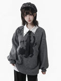 Round Cute Sweatshirt Print Neck Accent Cat Zip with