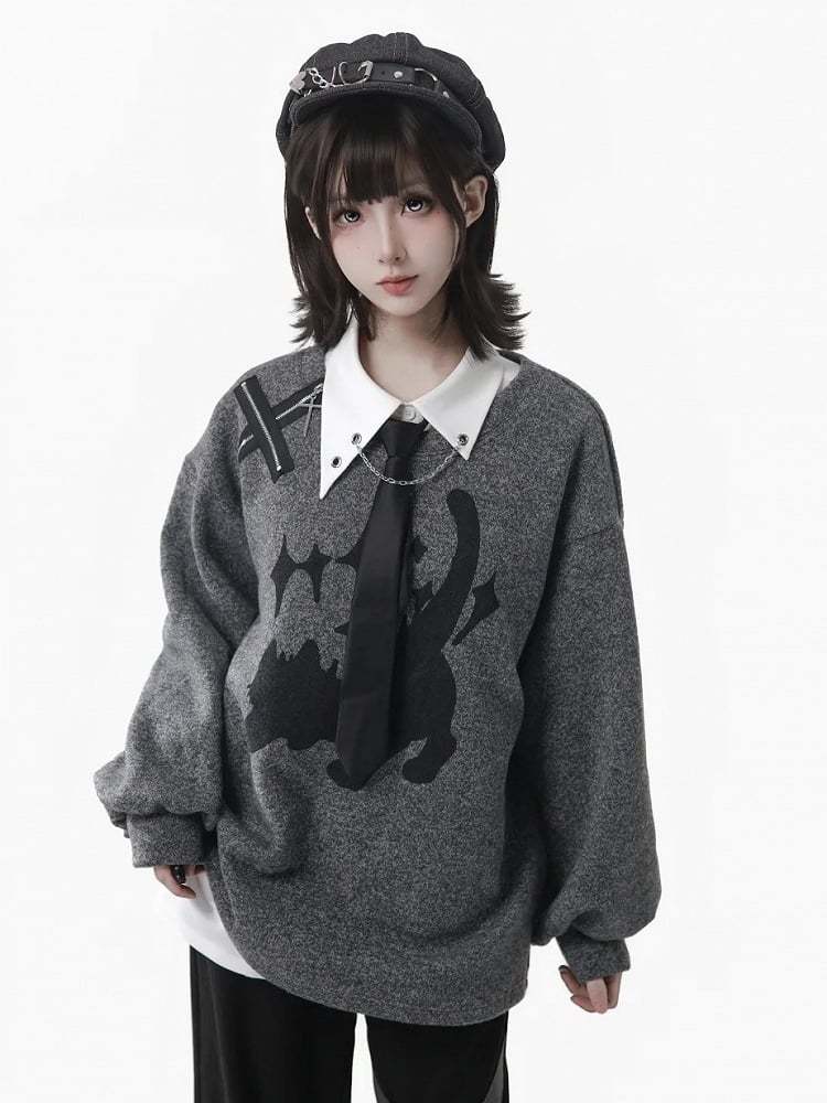 Round Cute Sweatshirt Print Neck Accent Cat Zip with