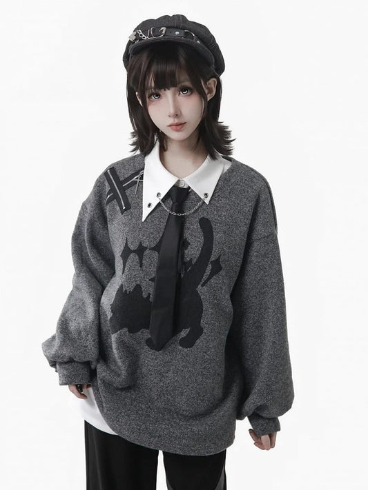 Round Cute Sweatshirt Print Neck Accent Cat Zip with
