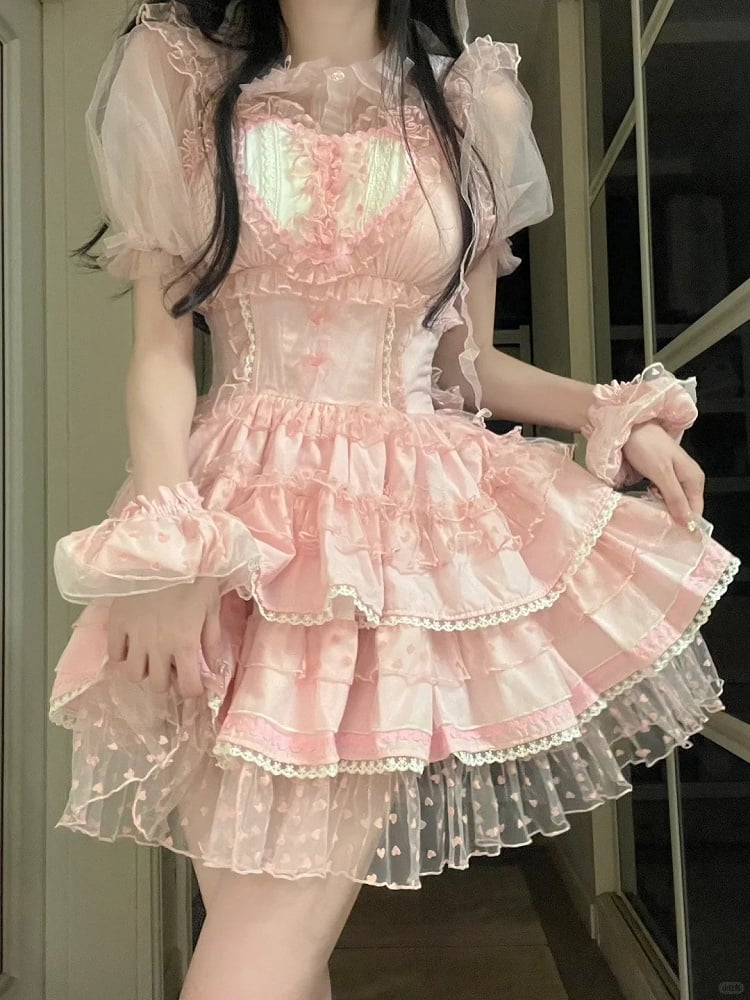 Pink Pattern Polka-dot Heart Sweet Ruffled Heart Front Lolita Dress