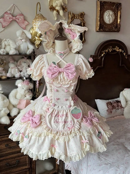 Details Lace Bow OP Strawberry with Beige Lolita Themed Cute and Polka Pink Dot Dress