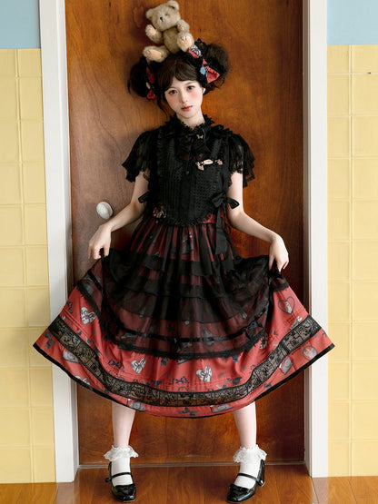 Black and Red Elastic Waist Puppy and Retro Telephone Sweet Lolita Skirt