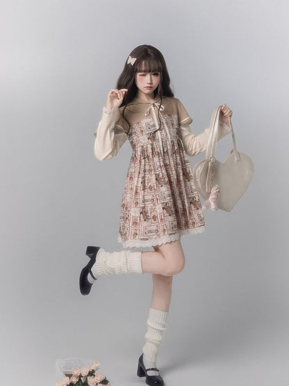Dress Light Brown Cape Cute With Design Long Print Sleeve Ear Fashion Bear Hooded Kawaii