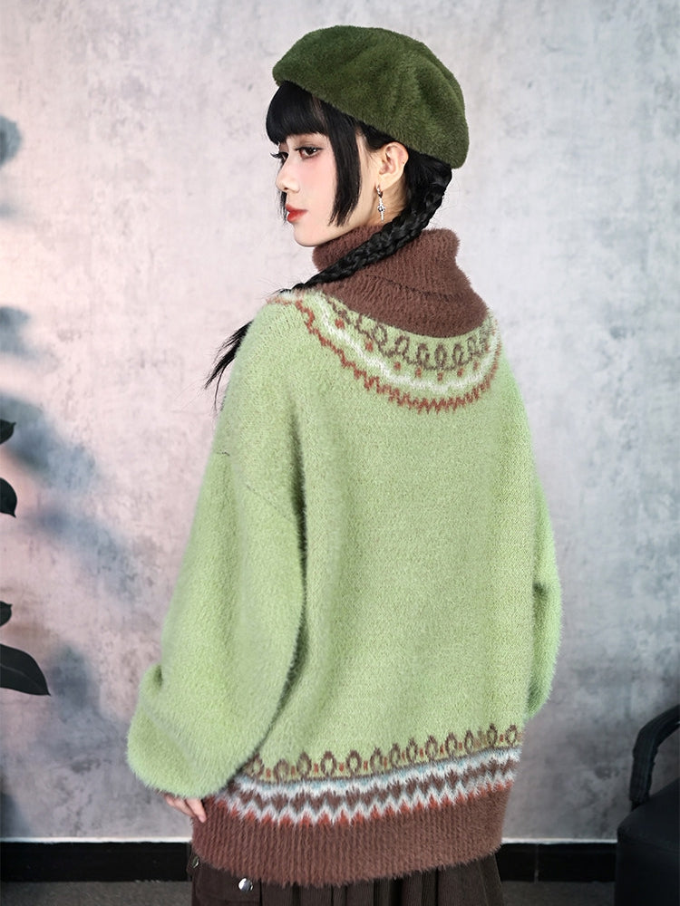 Green Jacquard Unicorn High-neck Sweater Isle Fair