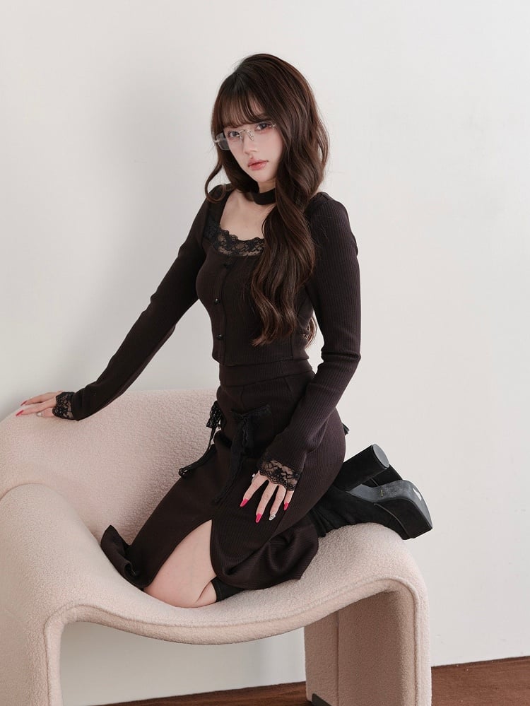 Slit - Lace Jirai Accent Bow Set Square Skirt Black Two-Piece Neck Choker Top Kei Design +