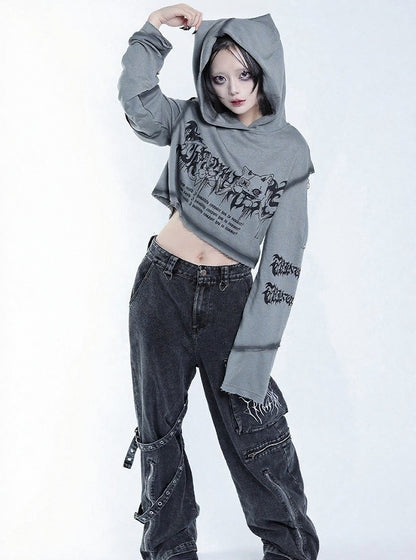 Dark Style Grey Cat Symbol Graphic Cropped Hoodie with Shoulder Zip Design - Tribuo Flos