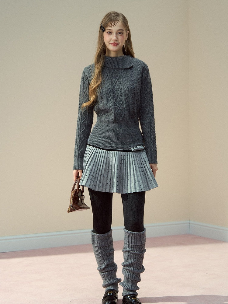 Neck Mock Knit Gray Elegant Cable Sweater Vintage