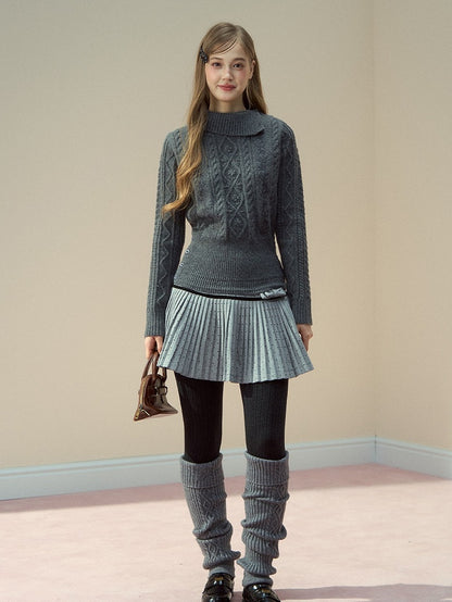 Neck Mock Knit Gray Elegant Cable Sweater Vintage