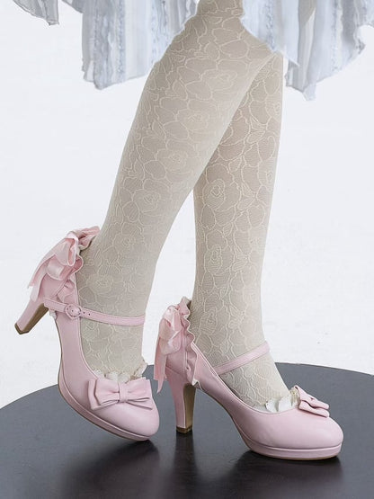 Trim Mary Toe Top Bow Pointed Pink High Lolita - Ruffles Heel at Janes Hime