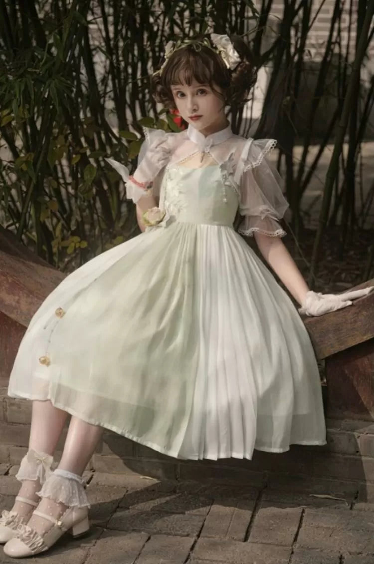 グリーンの縞模様の花柄刺繍トップドレス ホワイトカラー +