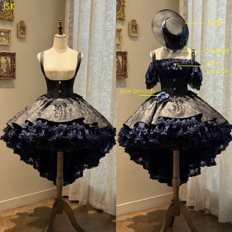 Gothic Underbust JSK Dress with Off-Shoulder Blouse, Dark Blue & Black, High-Low Skirt - Sheer Ocean
