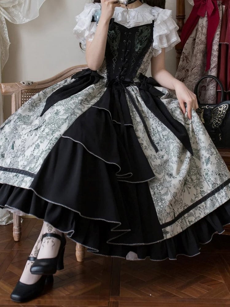 Green Forest Elegant with Print Animals Dress Lolita Bodice and Corset