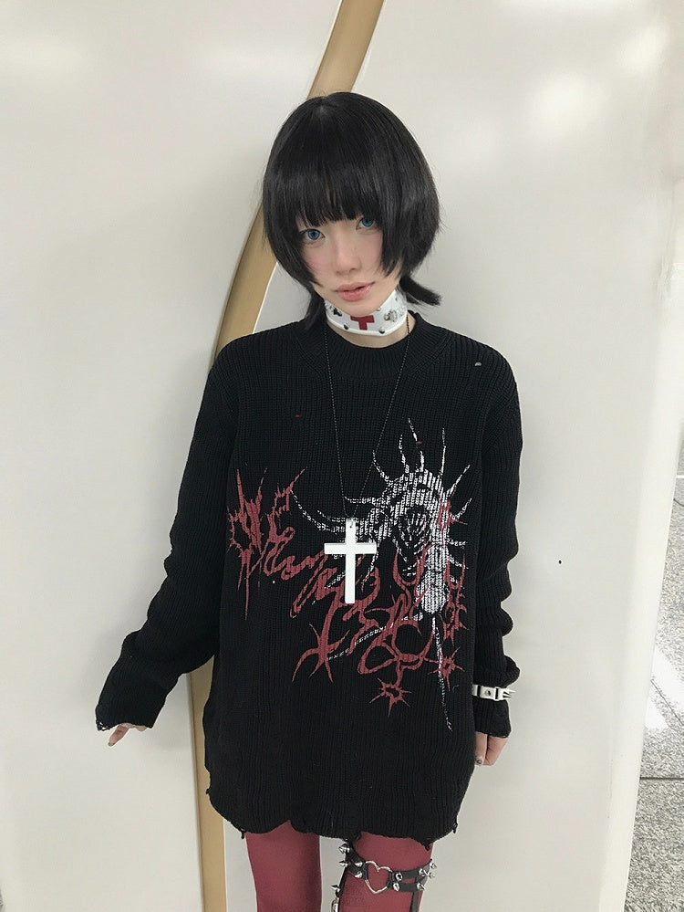 Oversized Black Long Sleeve Sweater with Distressed Holes and Centipede Print - Alita26SS