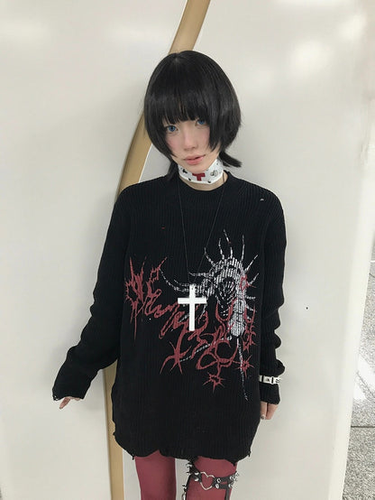 Oversized Black Long Sleeve Sweater with Distressed Holes and Centipede Print - Alita26SS