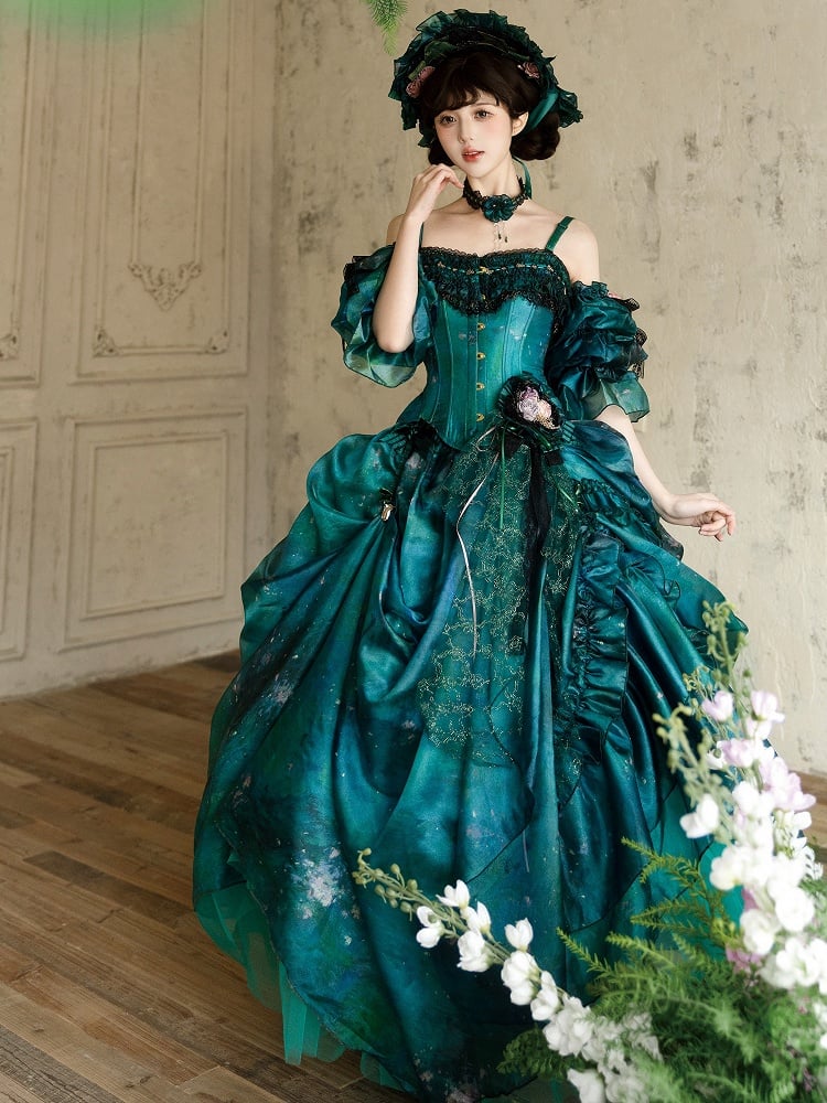 Grüner Waldfee-Lolita-Rock mit asymmetrischem Ölgemälde-Design und floraler Haarspange