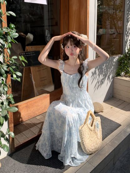 Sleeves Blue Flutter Cascading Ruffle Light Accents Floral Sleeveless Dress