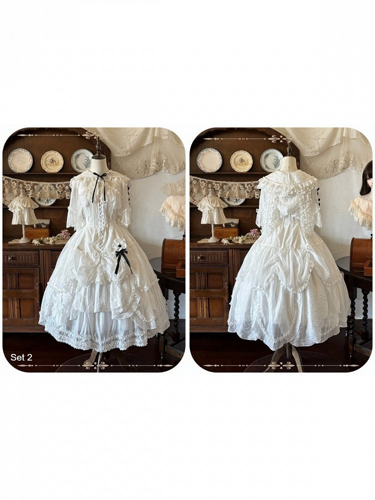 White Flutter Sleeve Petal Hem JSK with Bunny Hood & Lace Skirt Ensemble