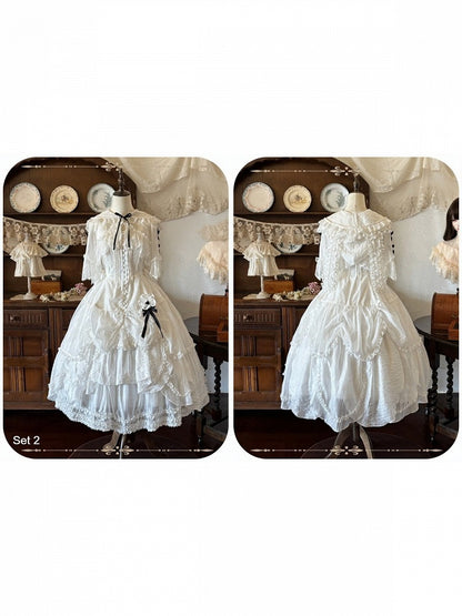White Flutter Sleeve Petal Hem JSK with Bunny Hood & Lace Skirt Ensemble
