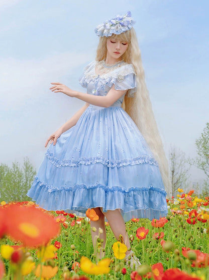 Neck Blue Pansy Print Lolita Dress Elegant Edward