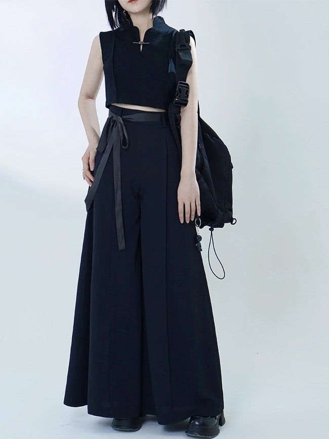 in Belt Zipper Back Chinese Black Pants - Style Wide-leg Hidden Matching