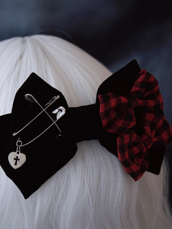 Bowknot Clip Plaid Red And Bowknots Black Pins Double Details With Pattern