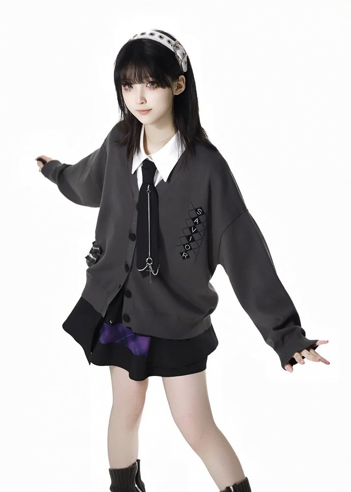 グレーのVネック、ジッパーディテール、春ニットカーディガン