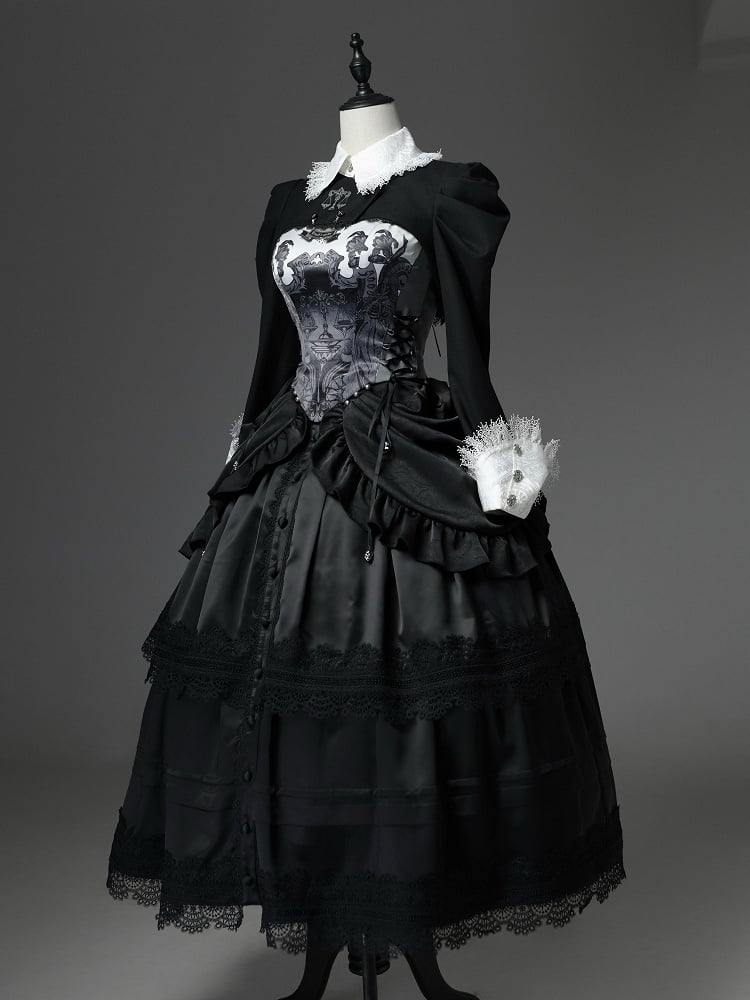 Boned High-Waist Gothic Skirt with Detachable Overlay