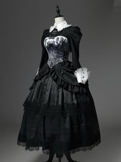 Boned High-Waist Gothic Skirt with Detachable Overlay
