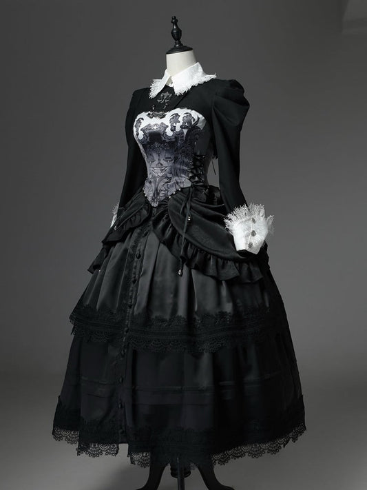Boned High-Waist Gothic Skirt with Detachable Overlay