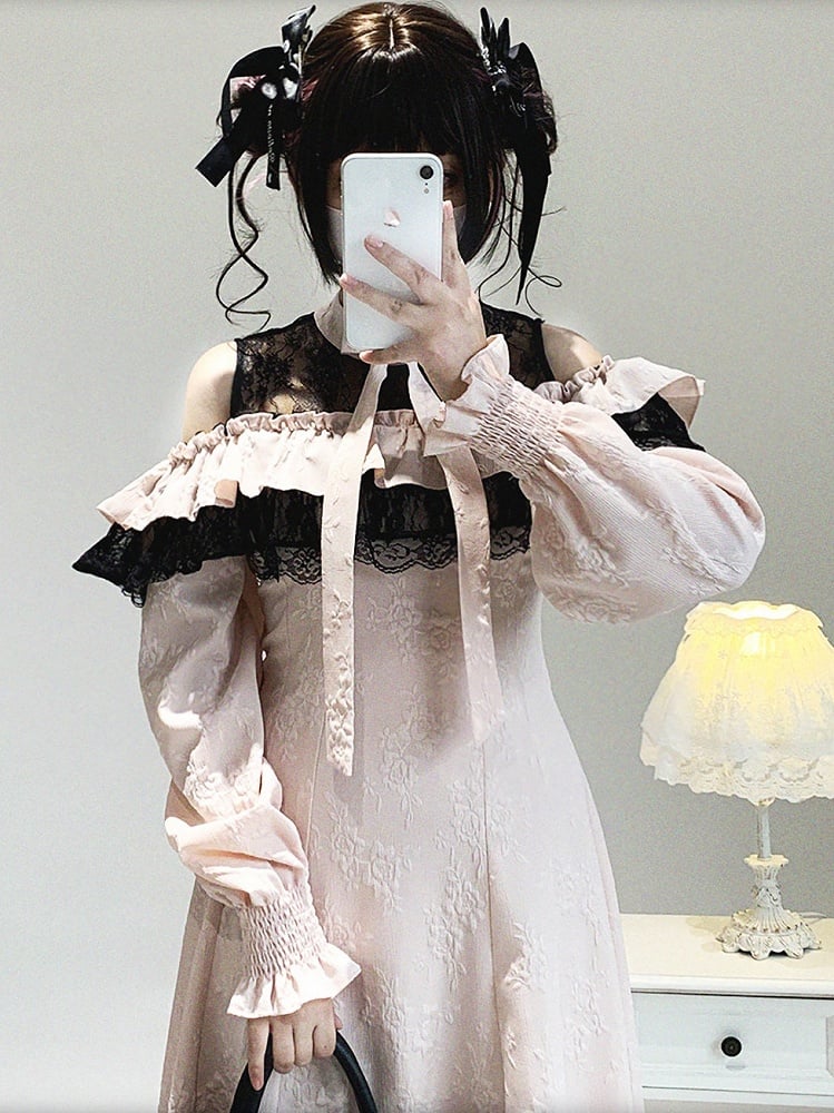 with Bow and Cutout Pink Lace Black Dress Long-Sleeve Kei Jacquard Rose Jirai Shoulder Ruffled