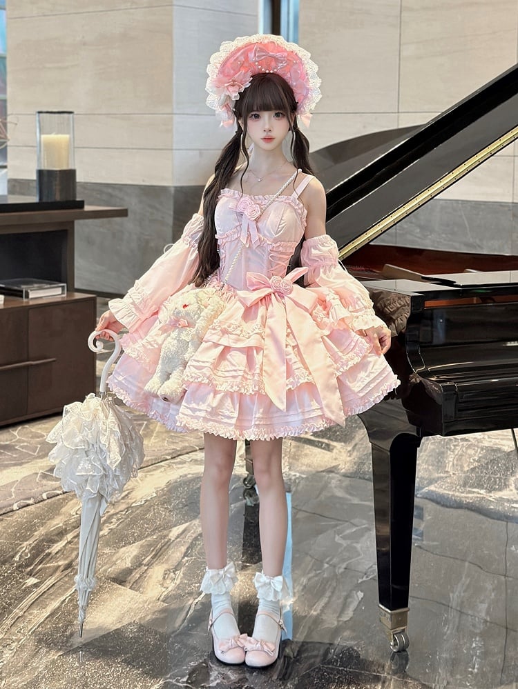 with Lingt Pink Lolita Accents Boned Dress JSK Flower Ruffle Layered