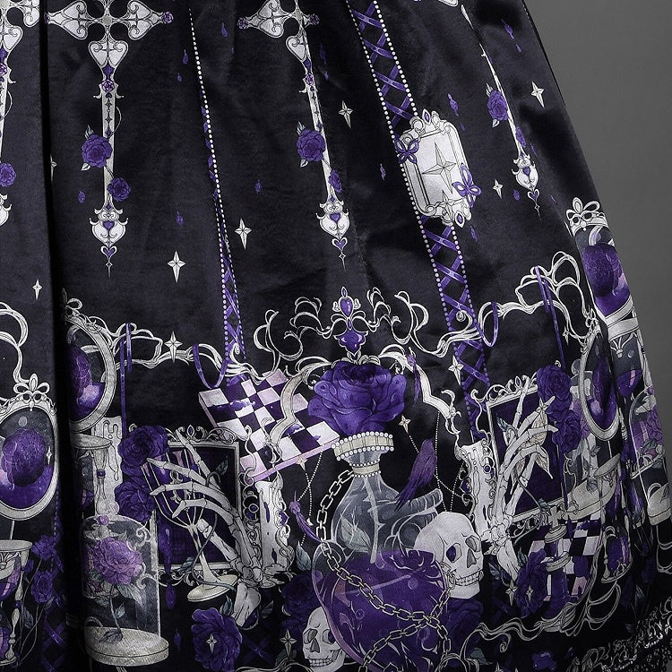 Purple Rosette and Skull Print Gothic Lolita Corset Under Bust JSK Dress - Sweetheart Love Song