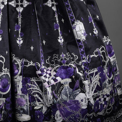 Purple Rosette and Skull Print Gothic Lolita Corset Under Bust JSK Dress - Sweetheart Love Song