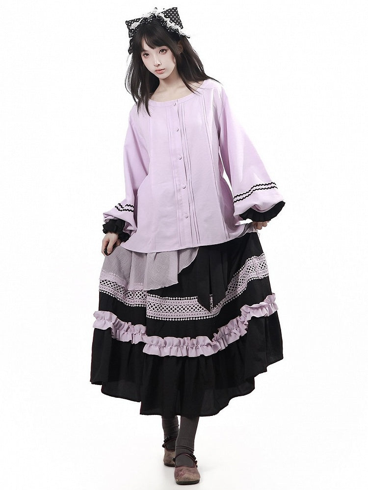 Purple & Black Crewneck Balloon Sleeve Blouse - PINK SAVIOR