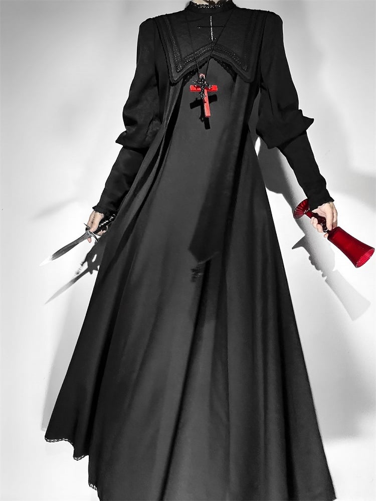 Embroidery Nun Halloween Sleeves Leg-of-Mutton Dress Black Outfits Lolita Cross