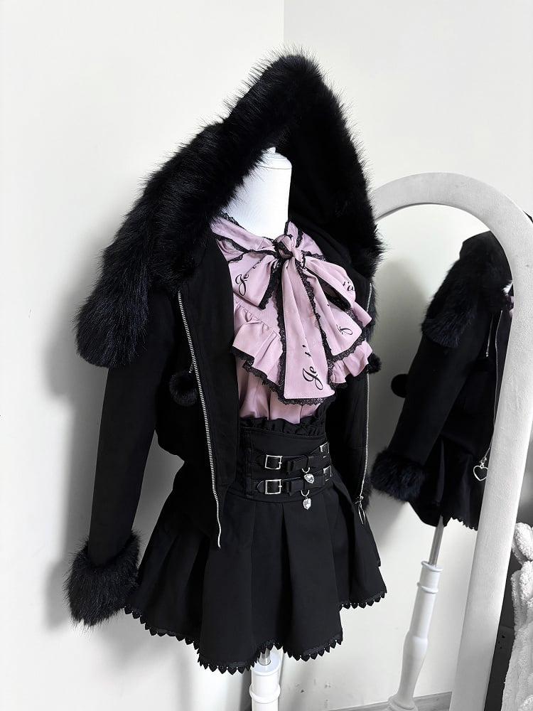 Hooded Fur Kei Warm and with Padded Short Collar Bunny Ear Jirai Black Jacket Cuffs